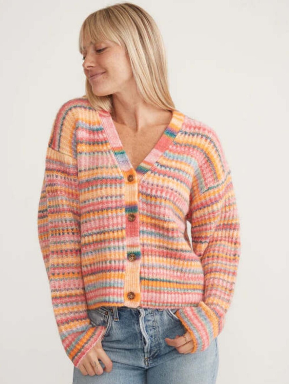 EUC Marine Layer Dream Yarn Crop Cardigan in Warm Stripe